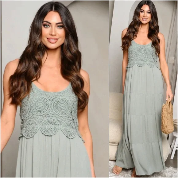 1 LEFT! Sage Green Crochet Lace Long Maxi Dress Smocked - Picture 6 of 6